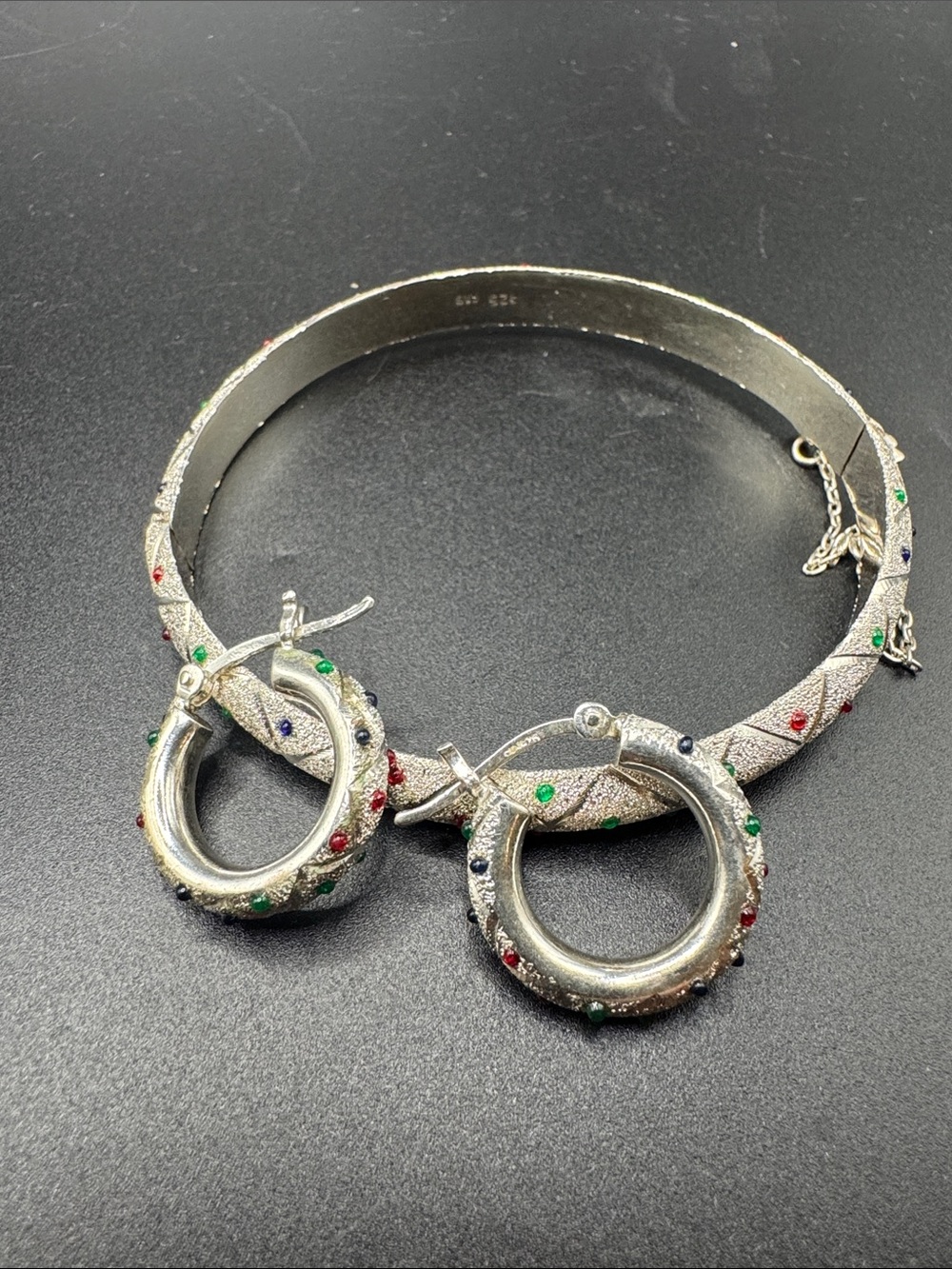 Sterling Silver Etched bangle Bracelet and Earrings Marked 925 FAS